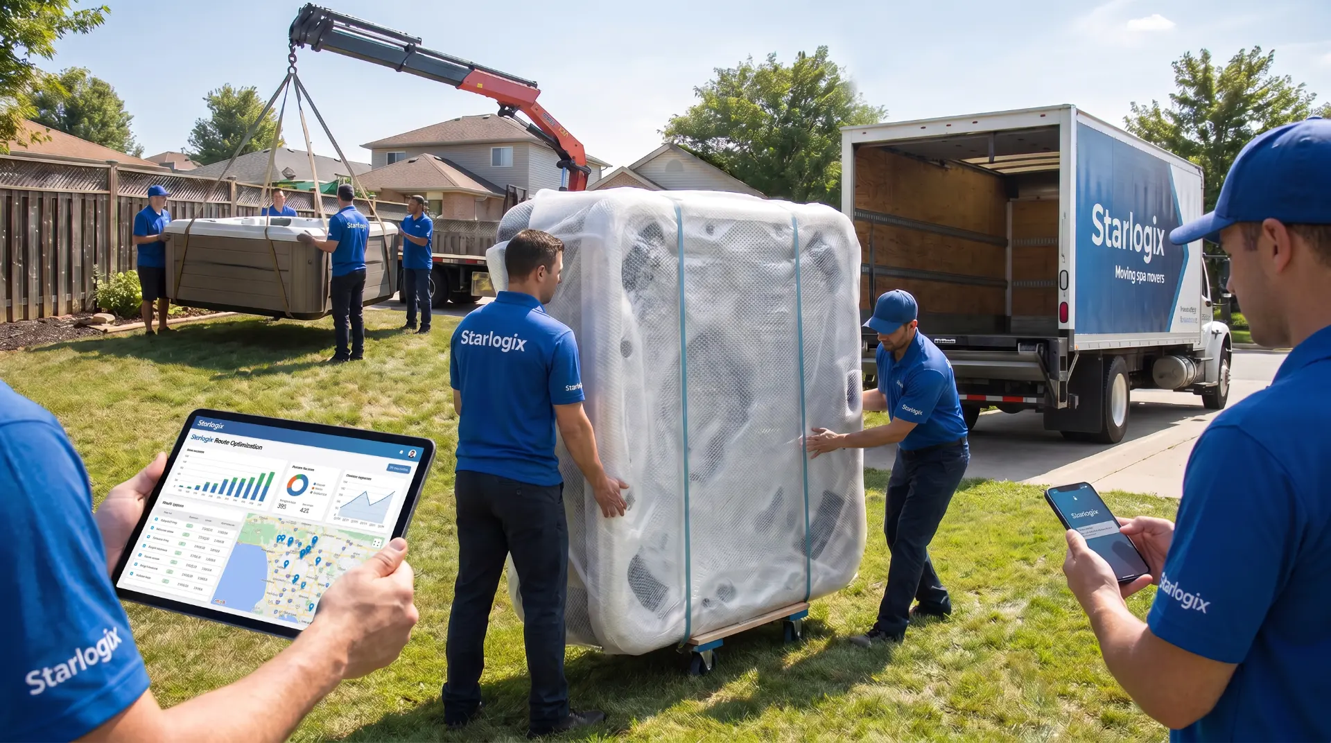 Starlogix crew loading an oversized item with route optimization on a tablet